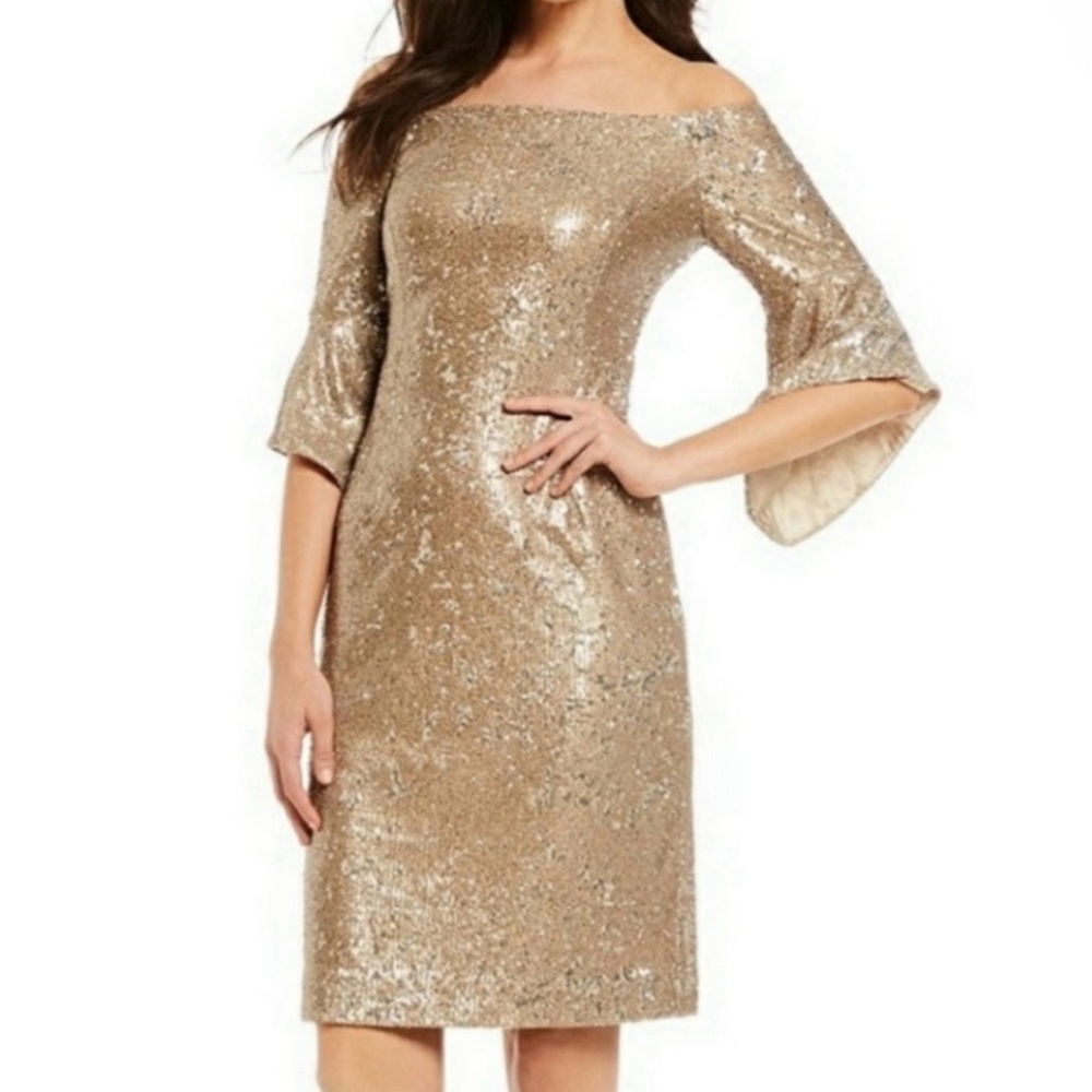 Antonio Melani Sabo Off The Shoulder Bell Sleeve Sequin Dress Champagne 4 NWT